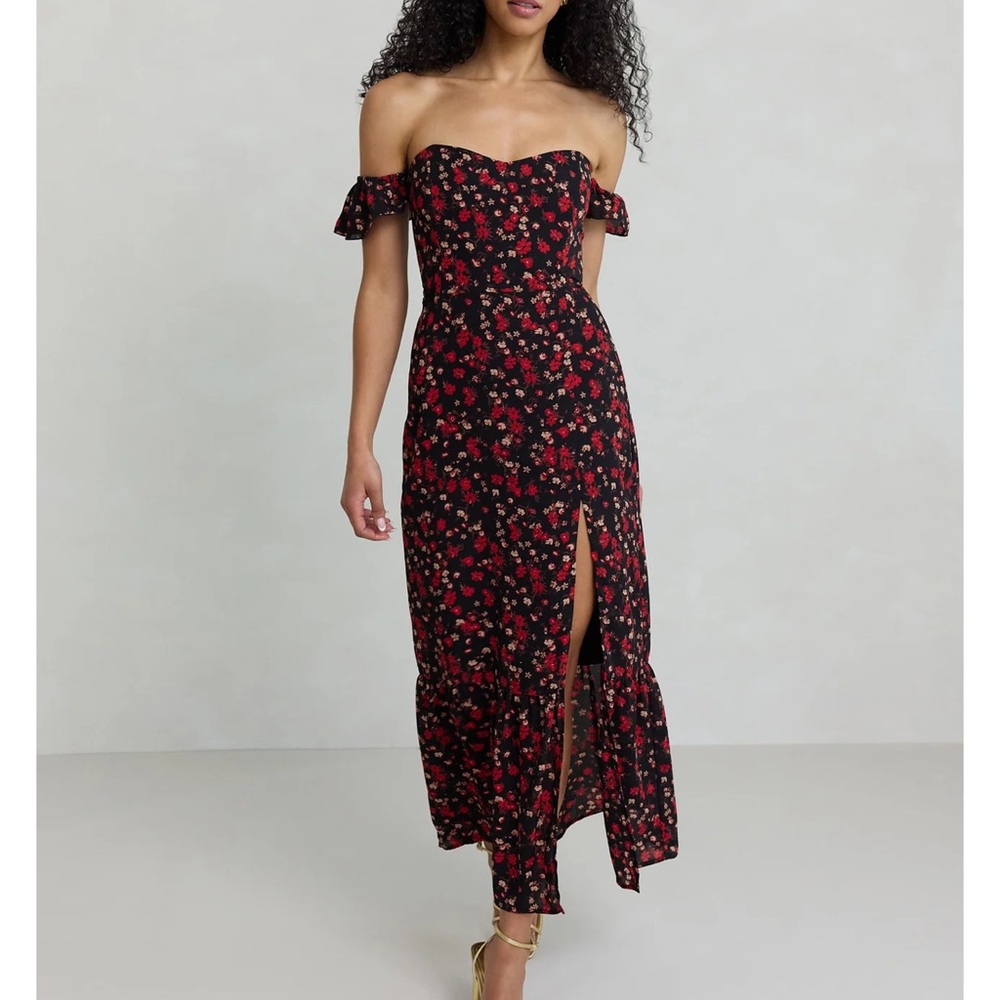 Park & Fifth Black Off-Shoulder Floral Midi Dress with Red Print